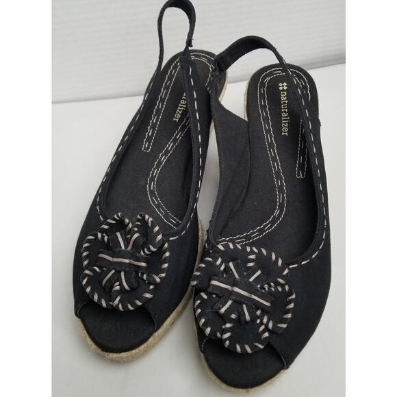 Naturalizer Sandals Women's 9.5N Berlynn Espadrille Black Peep Toe Wedge Heels - Picture 2 of 10